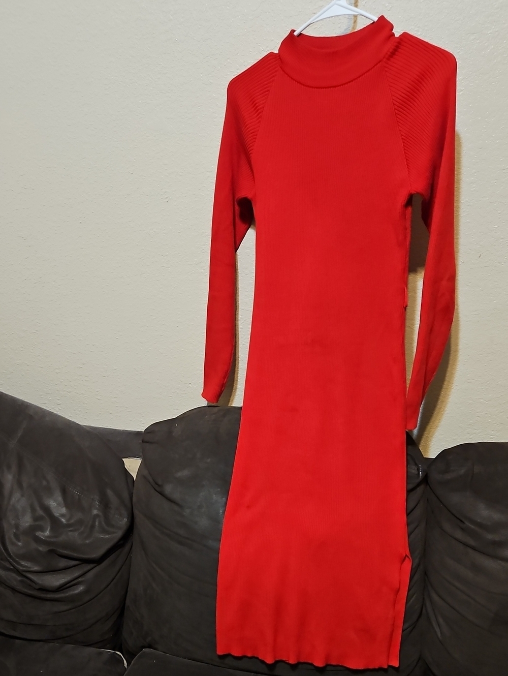 Say What? Red Ribbed Turtleneck Long Sleeve Midi Dress
